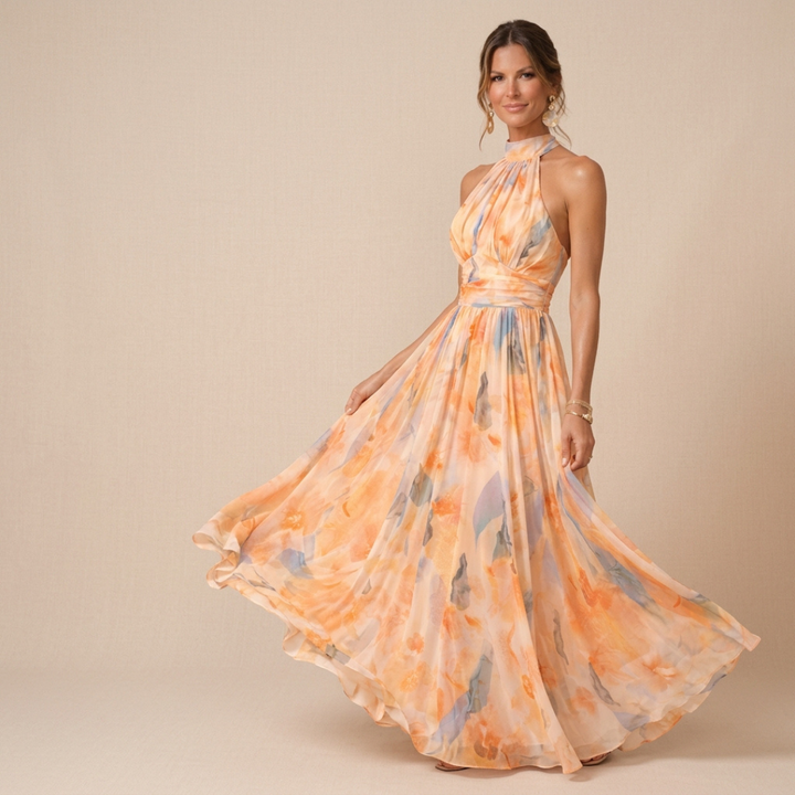 Esther | Vestido de Cuello Halter con Estampado de Acuarela