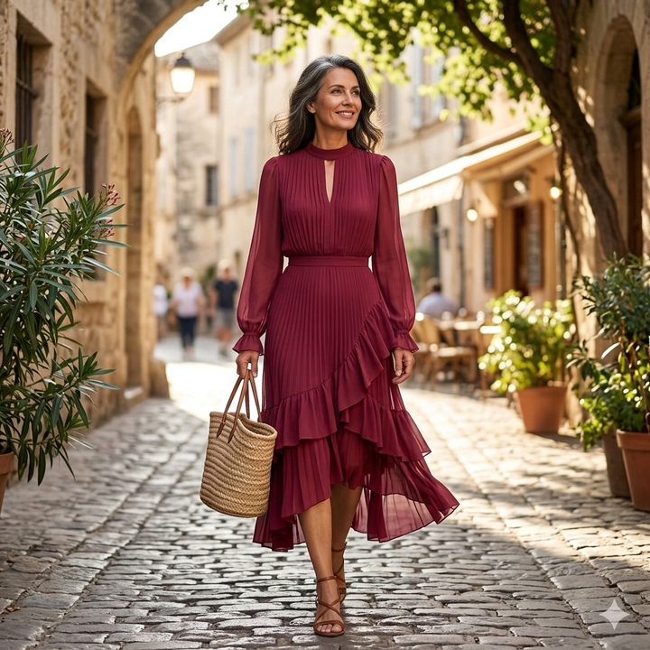 Martina | Vestido midi plisado con volantes