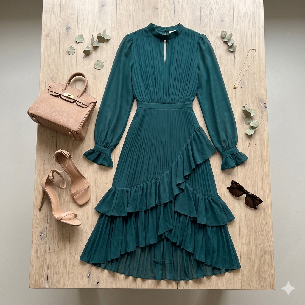 Martina | Vestido midi plisado con volantes