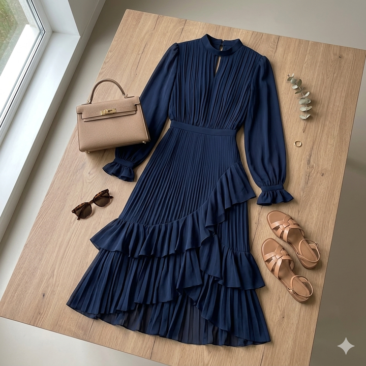 Martina | Vestido midi plisado con volantes