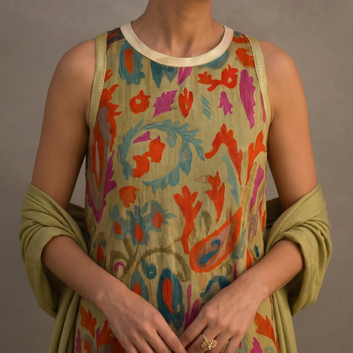 Daniela | Vestido largo estampado con chaleco a juego