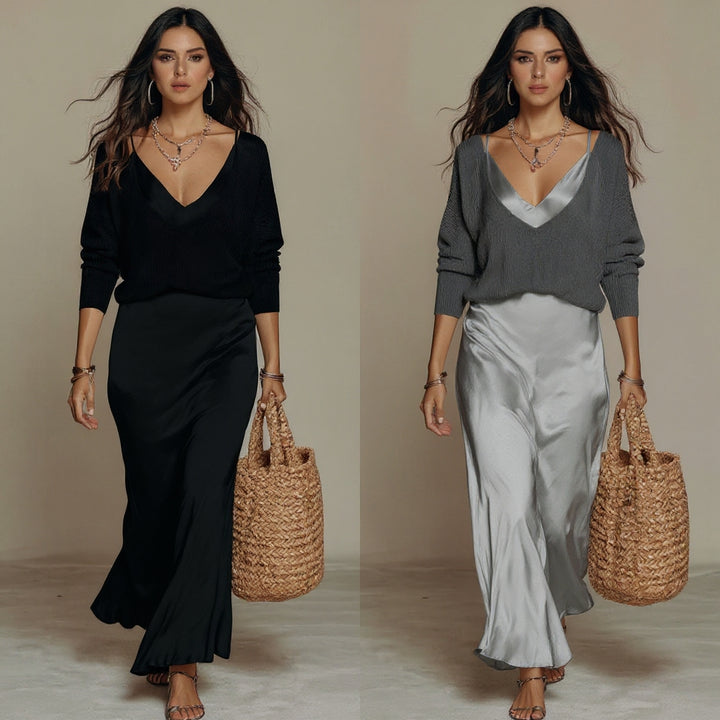 Elena | Vestido midi satinado con jersey incluido