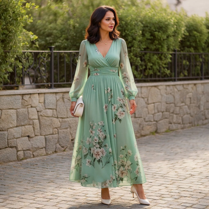 Valentina | Vestido Largo plisado verde menta floral