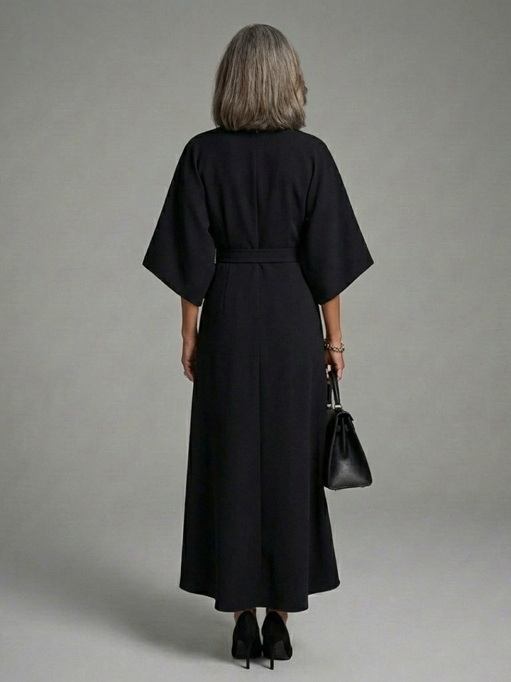 Sirenetta | Vestido midi asimétrico con mangas tipo abrigo y cintura marcada