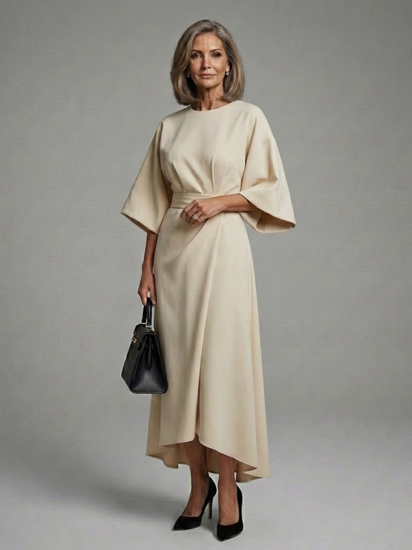 Sirenetta | Vestido midi asimétrico con mangas tipo abrigo y cintura marcada