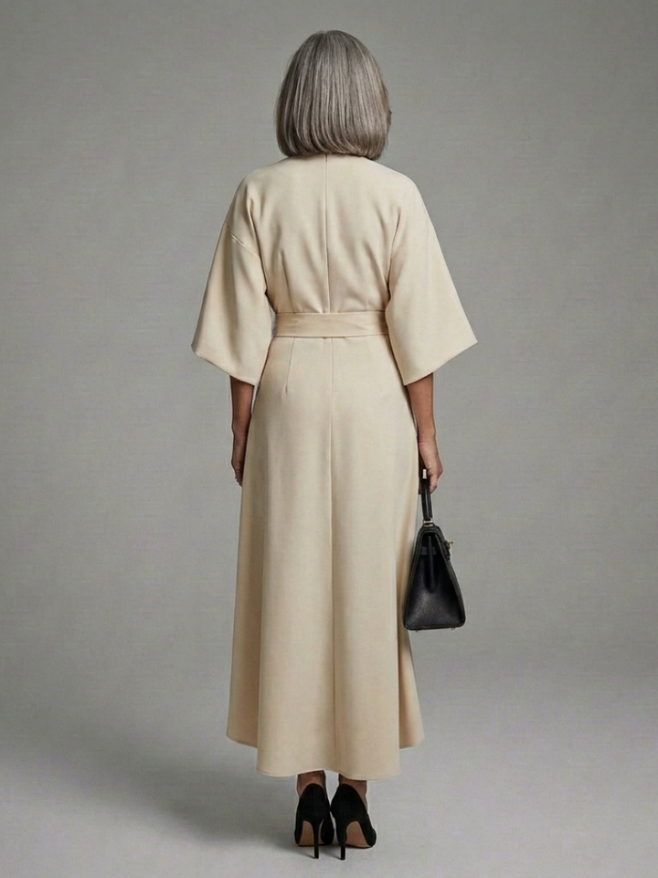 Sirenetta | Vestido midi asimétrico con mangas tipo abrigo y cintura marcada