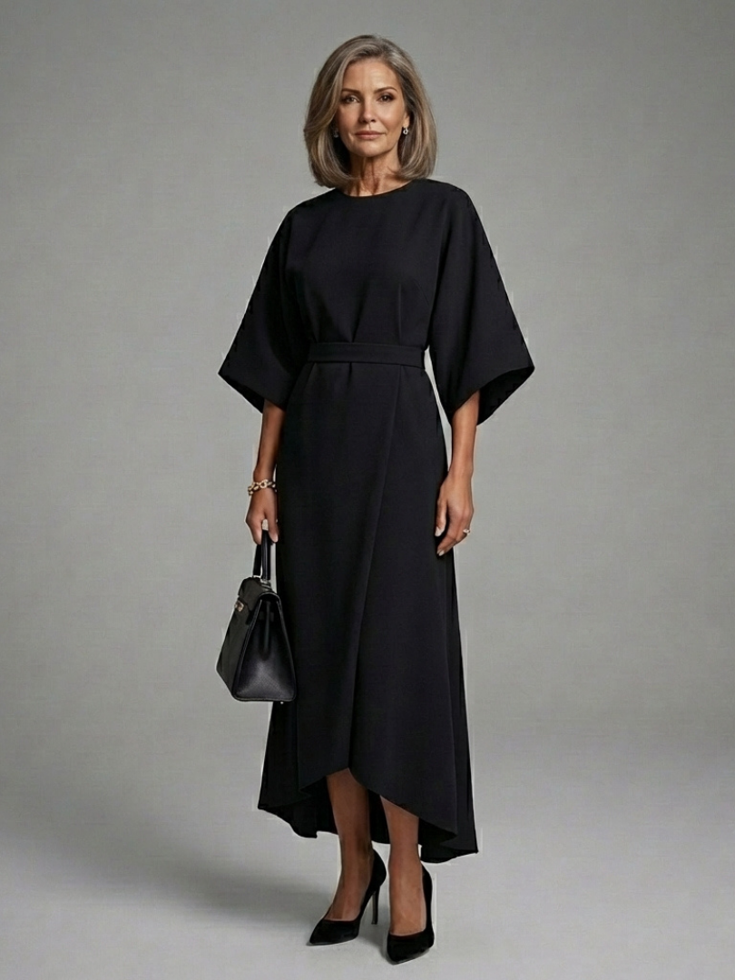 Sirenetta | Vestido midi asimétrico con mangas tipo abrigo y cintura marcada