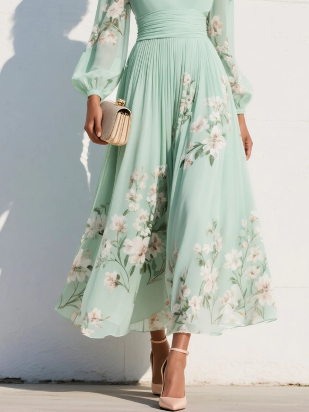 Valentina | Vestido Largo plisado verde menta floral