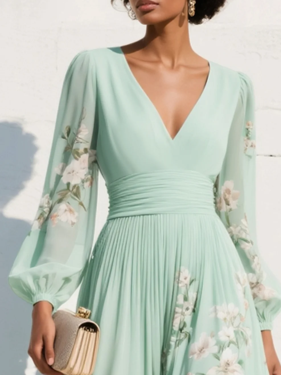 Valentina | Vestido Largo plisado verde menta floral