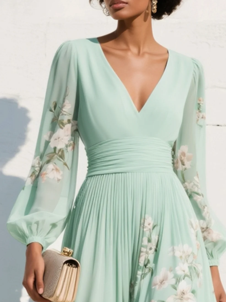 Valentina | Vestido Largo plisado verde menta floral