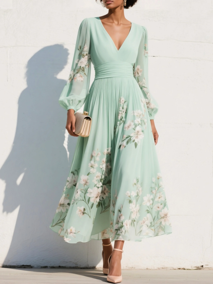 Valentina | Vestido Largo plisado verde menta floral