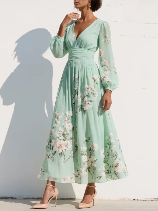 Valentina | Vestido Largo plisado verde menta floral