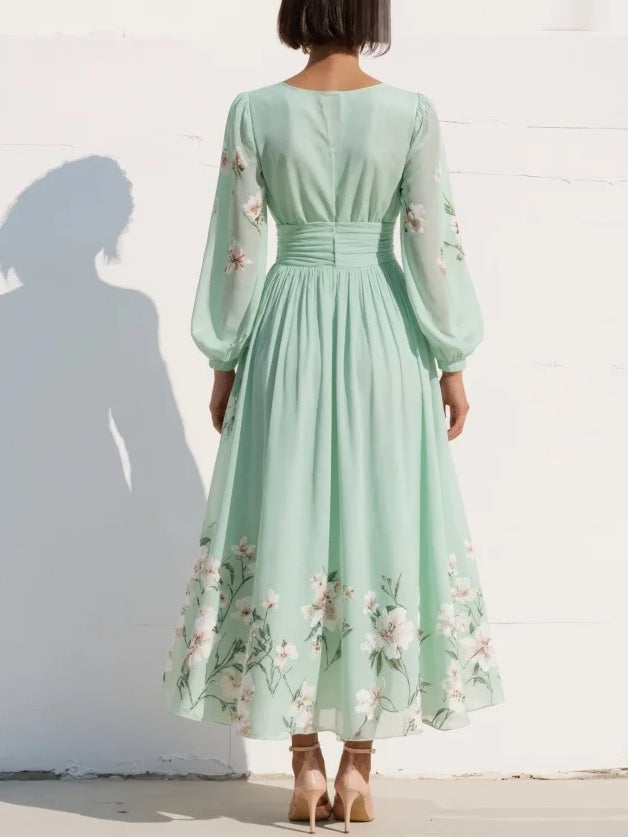 Valentina | Vestido Largo plisado verde menta floral