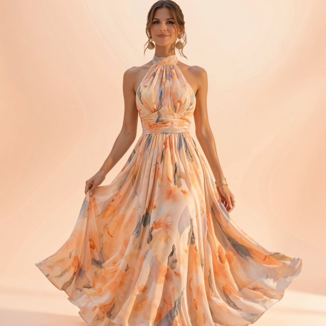 Esther | Vestido de Cuello Halter con Estampado de Acuarela
