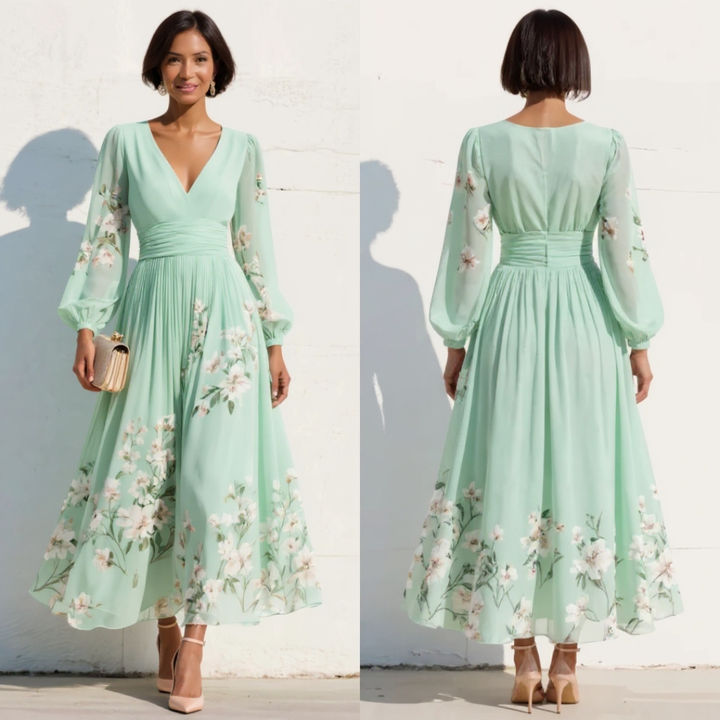Valentina | Vestido Largo plisado verde menta floral