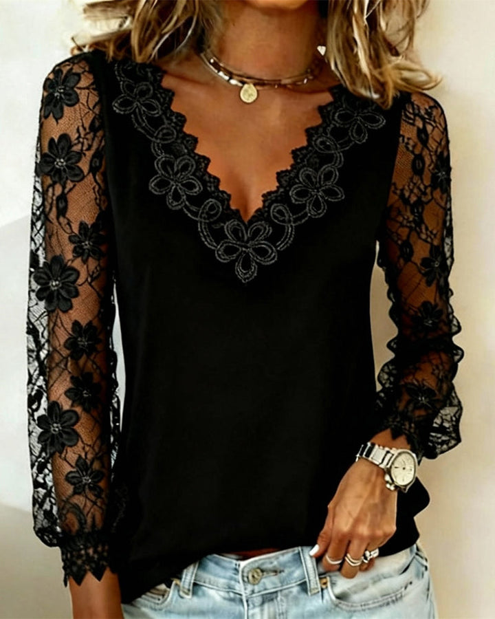 Ria - Blusa Elegante de Manga Larga con Escote en V