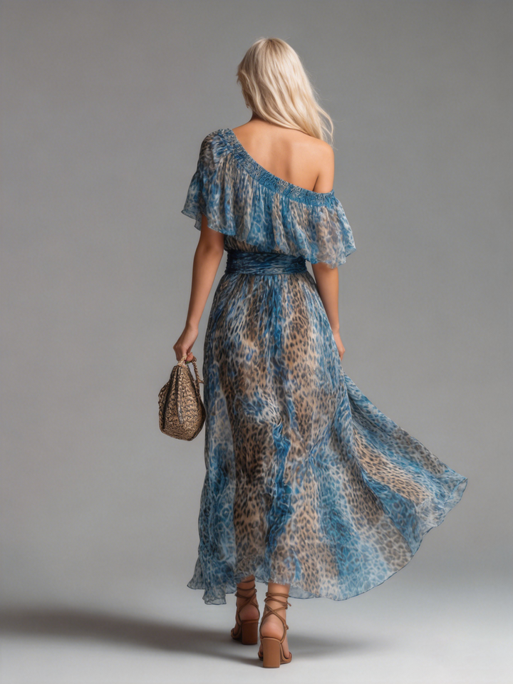 Selvaggia - Vestido largo de gasa con estampado de leopardo y hombros al aire