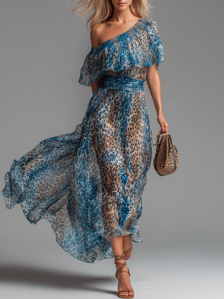 Selvaggia - Vestido largo de gasa con estampado de leopardo y hombros al aire