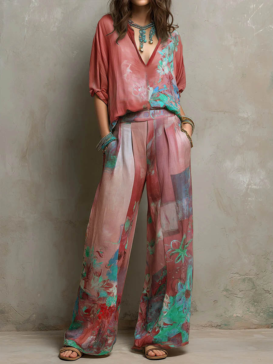 Chiara | Elegante conjunto con estampado floral y pantalones anchos
