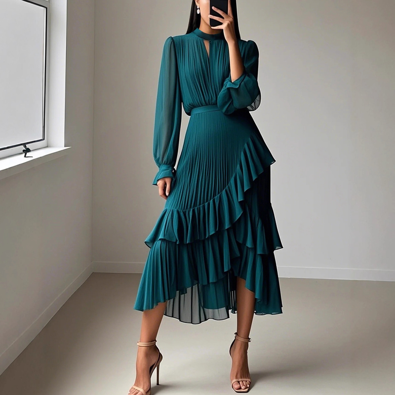 Martina | Vestido midi plisado con volantes