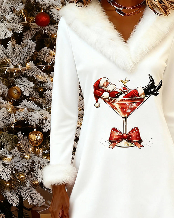 Clara - Vestido de Cuello de Piel con Estampado Navideño